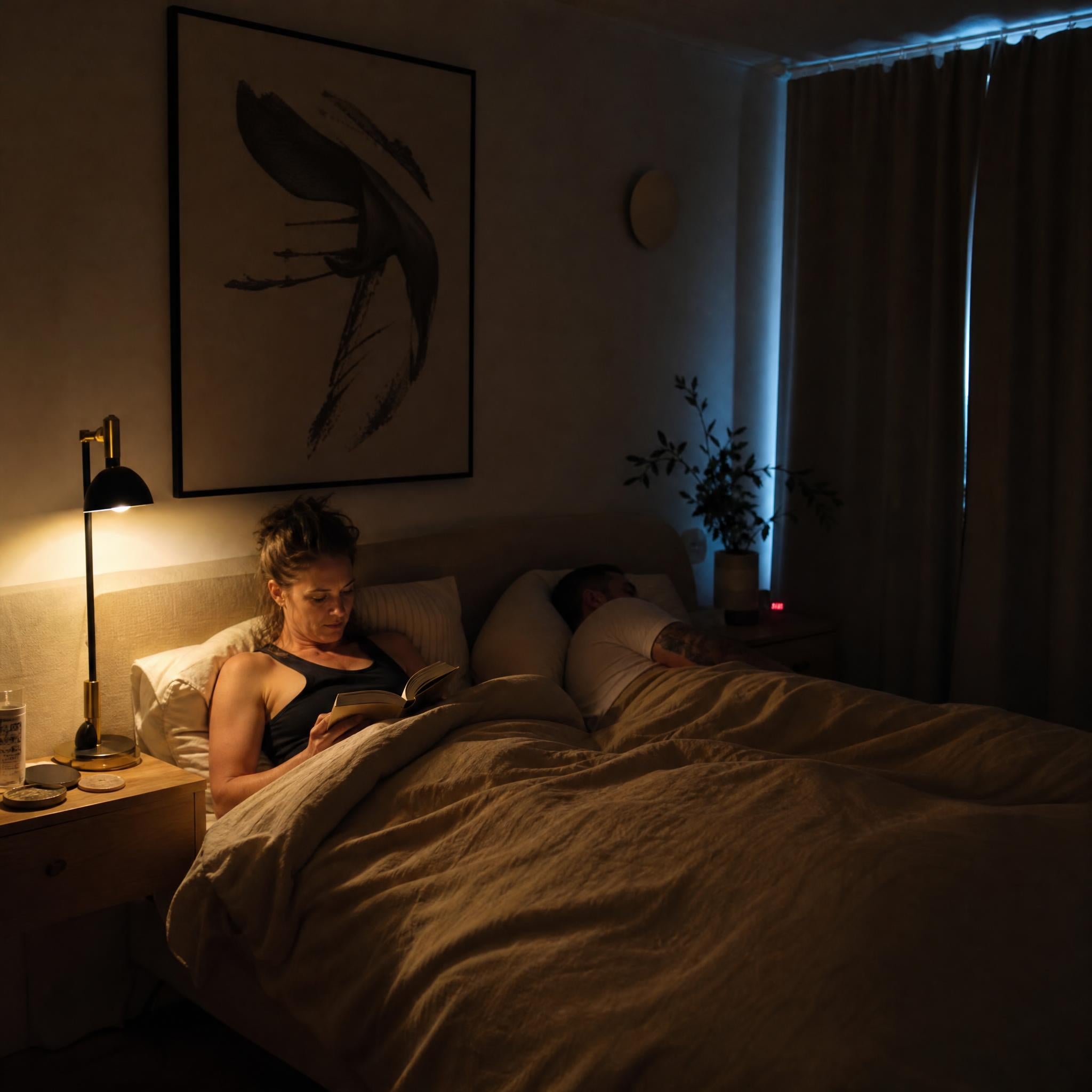 Leeslamp aan in een donkere slaapkamer terwijl partner slaapt