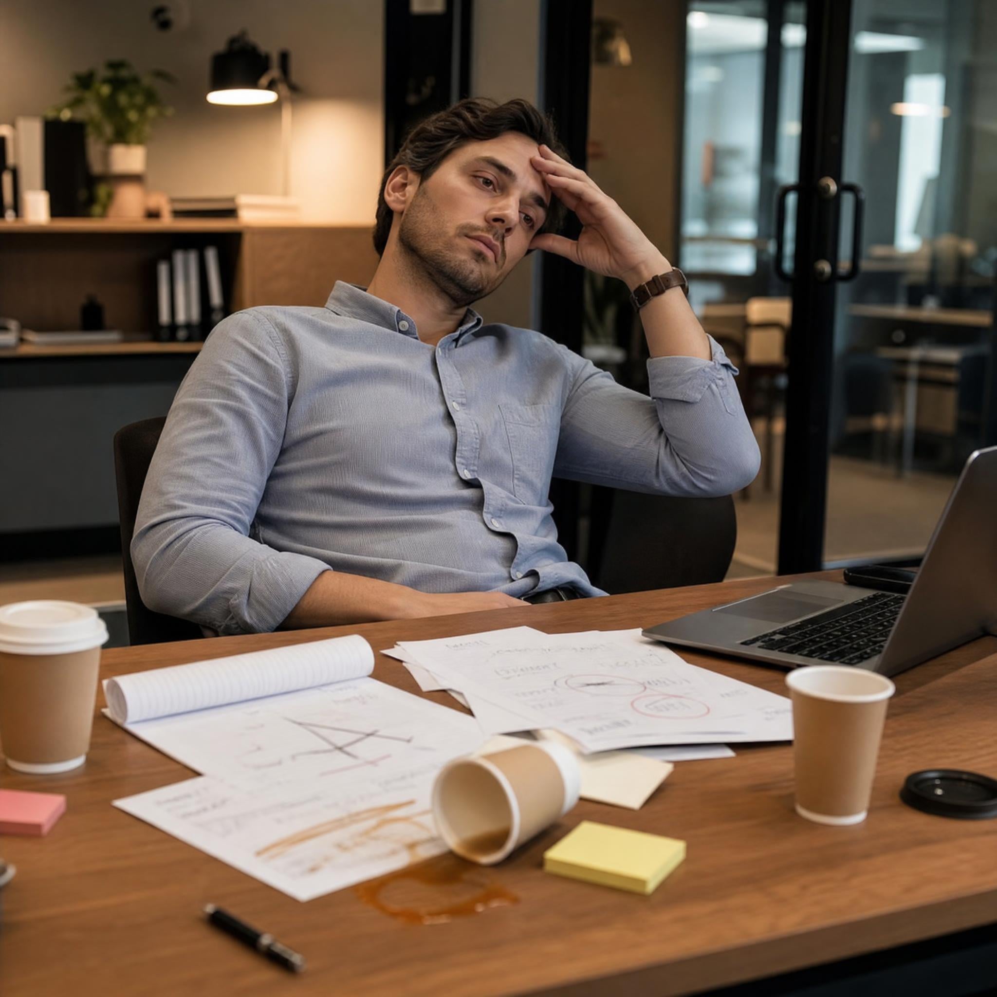 Vermoeid en ongeconcentreerd achter de computer overdag